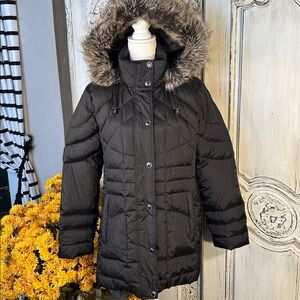 London Fog Black Quilted Jacket with Faux Fur Trim Hood